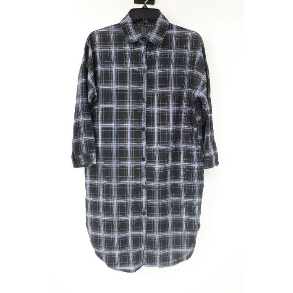 Zara Women M/L Button front shirt dress‎ plaid check blue collared